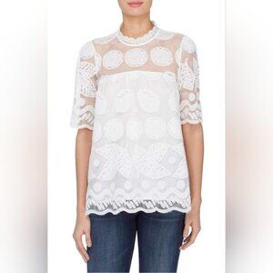 🩵Anthropologie HD In Paris White Lemon Lily Lace Blouse Top Mock Neck Size 2
